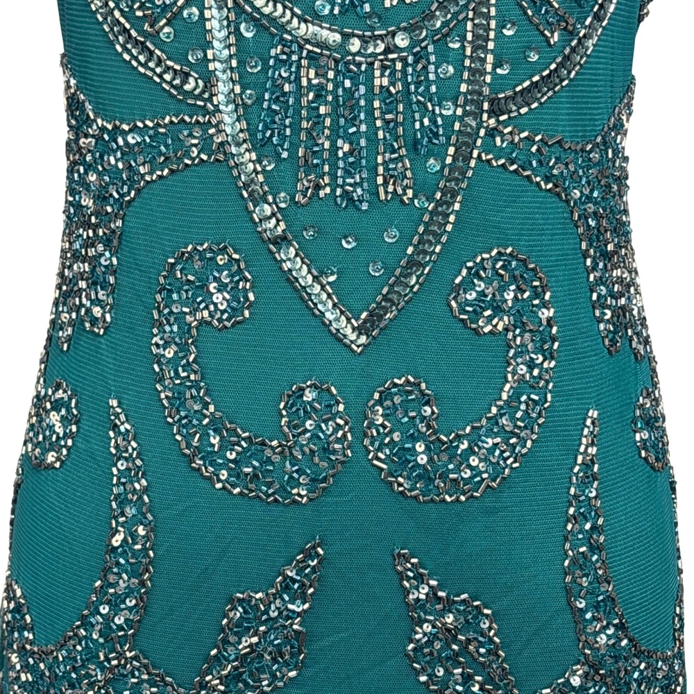Adrianna Papell Sheath Dress Emerald Green Beaded Sequin Art Deco Women 4 - Picture 8 of 16